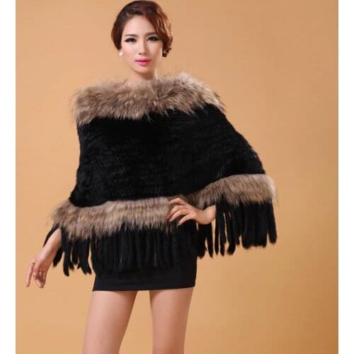 Genuine real natural knitted rabbit fur shawl with raccoon fur collar women fashion hand made knit fur wrap with hem ladies coat