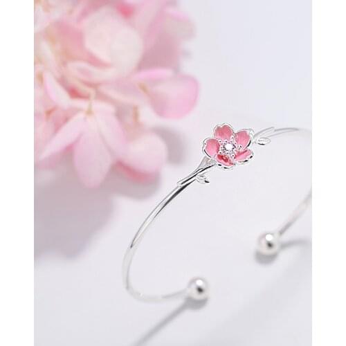 Ruifan Fashion Pink Flower Open Cuff Bracelets Bangles for Women Female Girls Bangle Bracelet Trendy Jewelry Polseras YBR096