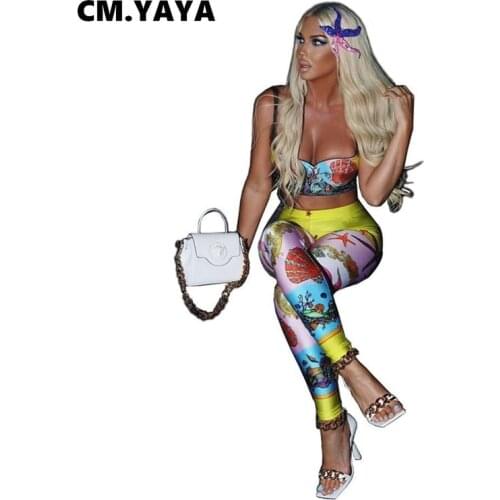 CM.YAYA Women Pants Set Print Spaghetti Strap Bra Tops Empire Sheath Elastic Long Pencil Pants 2 Two Piece Set Tracksuit Outfit