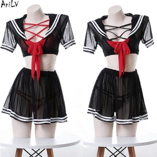 AniLV Summer Beach Girl Japanese Sailor Swimsuit Set Costume Anime Student Black Swimwear Uniform Temptation Lingerie Cosplay