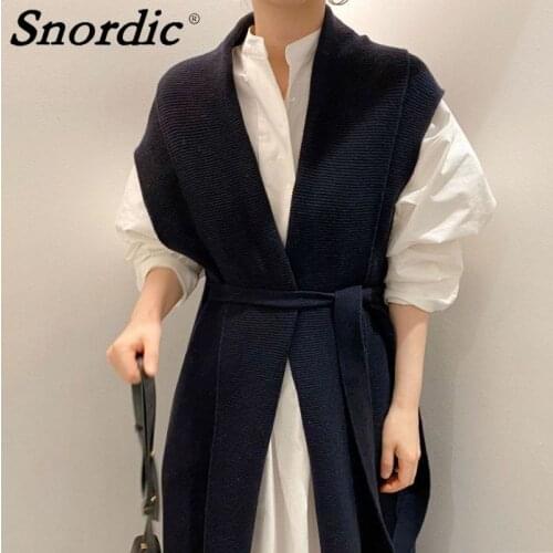 2021 Women Autumn Winter Long Sweater Coat Jacket Sashes Sleeveless Knitted Vest Overcoat Coat Casual Cardigan Cloak