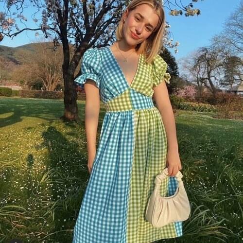 XEASY Women 2021 Fashion Colorblock Plaid Dress V-Neck High Waist Midi Long Ruffle Contrast Irregular Dress Vestidos Mujer