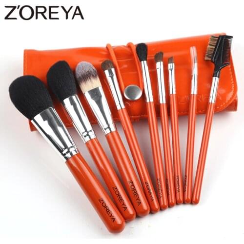 Zoreya 9pcs Horse Hair Makeup Brush Set Oval Makeup Brushes Makeup Brochas Cosmetics Tool Kit Brushes Bag Holder Animal Natural