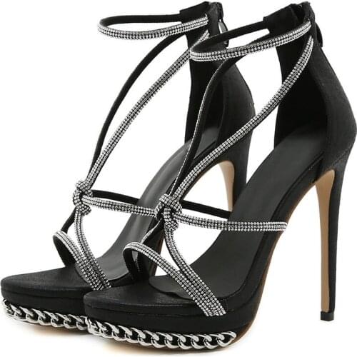 IPPEUM Women Shoes Sexy Thin High Heel Fashion Black Flock Crystal Bordered Chain Zipper Peep Toe Platform Sandals talons hauts