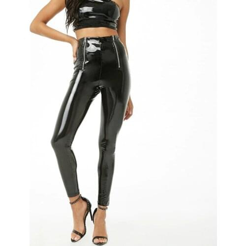 High Waist PU Leather Pencil Pants Women Bodycon Leggings Zipper Office Lady Stretch Slim Trousers Shiny Latex Leather Custom