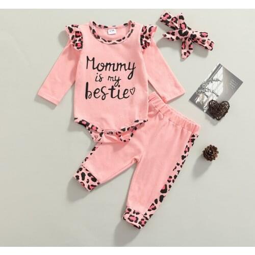Kid Girls Clothes Leopard Letter Romper Top Pants Headband Suit Baby Clothing Outfits