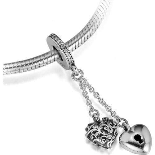 DIY Fits for Pandora Charms Bracelets Lock & Heart Beads with Clear CZ 100% 925 Sterling-Silver-Jewelry Free Shipping