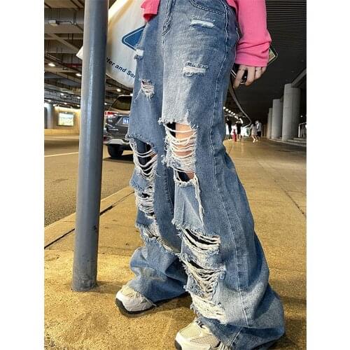 Plus Size Jeans Women Spring Autumn New Ripped High Waist Loose Button Zipper Fashion High Street Trousers Female Pants ZM034