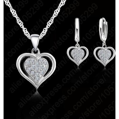 European Brand 925 Sterling Silver Wedding Jewelry Cubic Zircon Heart Shape Pendant Necklaces& Earrings Jewelry Sets