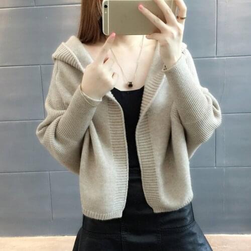 Loose Hooded Batwing Sleeve Cardigan Female Autumn Long Sleeve Knitted Jacket Women Sweater Cardigan Casual Women Knit Sweaters