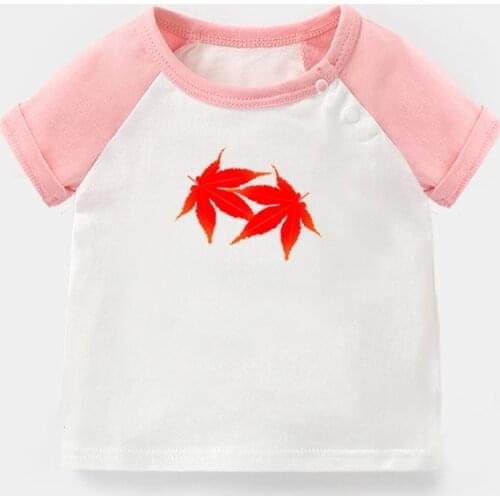 Beautiful Literary Style Red Maple Leaf Design Newborn Baby T-shirts Toddler Graphic Raglan Color Short Sleeve Tee Tops