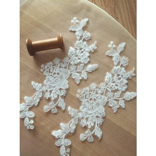 5 pairs Bridal Cotton Thread Alencon Lace Applique in Ivory for Wedding Gown, Bridal Veils, Headpiece ,Garters, Sewing DIY Lace
