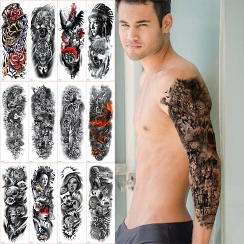 Men temporary tattoo long sleeve tattoos oversleeve skull sleeve tattoo designs for mens boys tattoo and body art large size hot