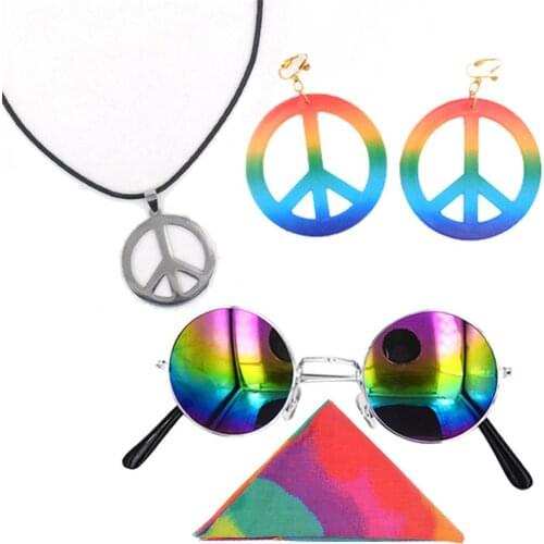 Hippie Dress Up Set Hippie Sunglasses Peace Sign Pendant Earrings Rainbow Hood 60 or 70s Hippie Accessories Decorative Set