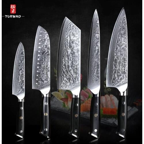 TURWHO 5PCS Kitchen Knife Set Japanese Damascus Stainless steel Kitchen Knife Pro Cleaver Chef Santoku Slicing Utility Knife set