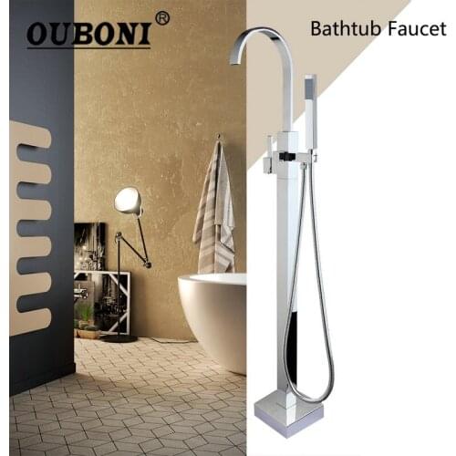 OUBONI Floor Mounted Tub Filler Faucet Square Design Bath Shower with Hand Shower Chrome Freestanding Shower Faucet Set
