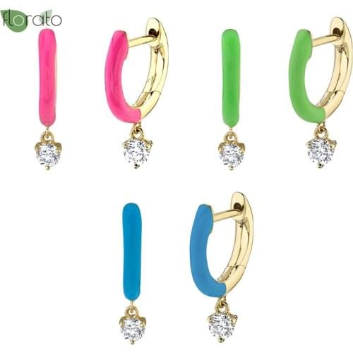 925 Sterling Silver Ear Buckle Zircon Bling Crystal Pendant Earrings for Womens Anniversary Blue Green Hoop Earrings Jewelry