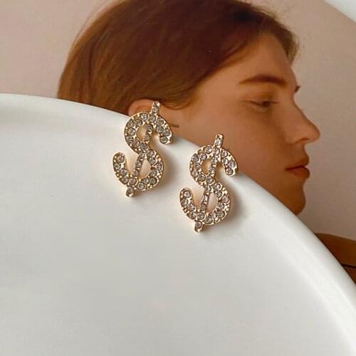 2021 New Fashion Dollar Symbol Letter Temperament Advanced Sense Full Diamond Versatile Simple Earrings Womens Jewelry Gift
