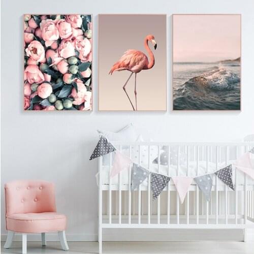 Nordic Canvas Painting Romantic Flamingo Rose Sea Wave Print Animal Painting Modern Wall Art Home Decor