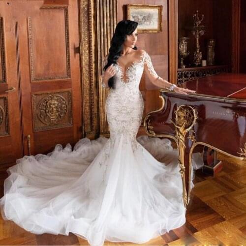 Wedding Dresses Long Sleeves Lace Appliques Beads Bridal Gowns Custom Made Lace-up Back Sweep Train Mermaid Wedding Dress