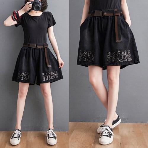 2021 Summer High Waist Black Shorts Women Casual Vintage Sequins Letter Denim Womens Shorts Loose Shorts Skirts