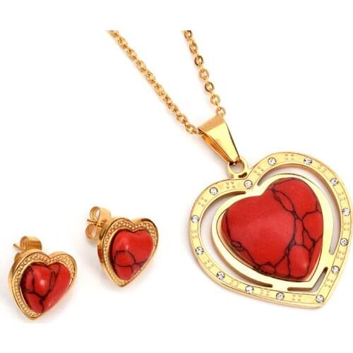 FairLadyHood Red Heart Pendant Necklace Earrings Women Jewelry Sets Stainless Steel Gold Color Jewelry Set For Valentines Day