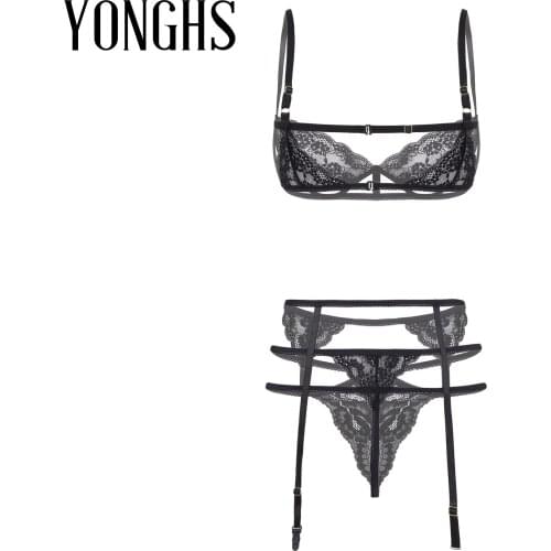 Womens Erotic Lingerie Suit Adjustable Shoulder Strap Underwired Unlined Bra with Strappy G-string Garter Belt Lace Underwear