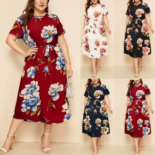 Womens Oversize Dress Summer New Print Fashion Bohemian Dress Loose Casual O-neck Short Sleeve Belt Holiday Beach Dress