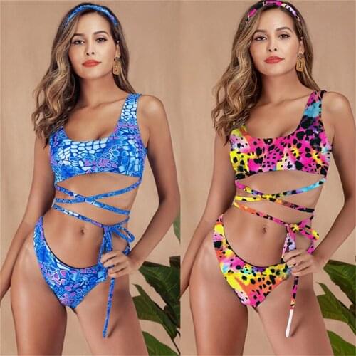 Women Sexy Print High Waist Strap Adjustable Split Beach Bikini Slim Backless Elastic Sling Quick-Drying Beach Swimsuit Swimwear