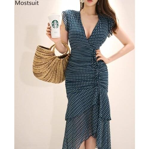 Summer Elegant Long Print Chiffon Dreses For Women Deep V-neck Sleeveless Sexy Dresses Korean Split Trumpet Mermaid 2021