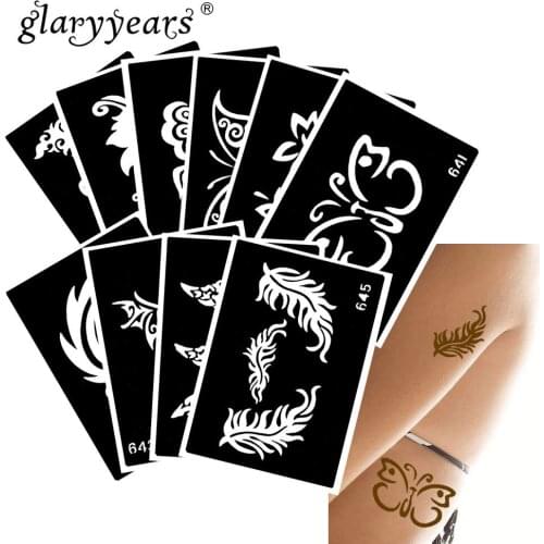 10 Pieces/Set Henna Tattoo Stencil Feather Pattern Paste Drawing Body Art Tattoo Stencil Sexy Product Waterproof 2019 HN#17