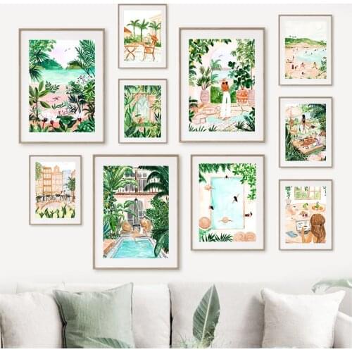 Watercolor Tropical Beach Swimming Pool Architecture Wall Art Decorative Painting Canvas Poster For Living Room Bedroom Decor