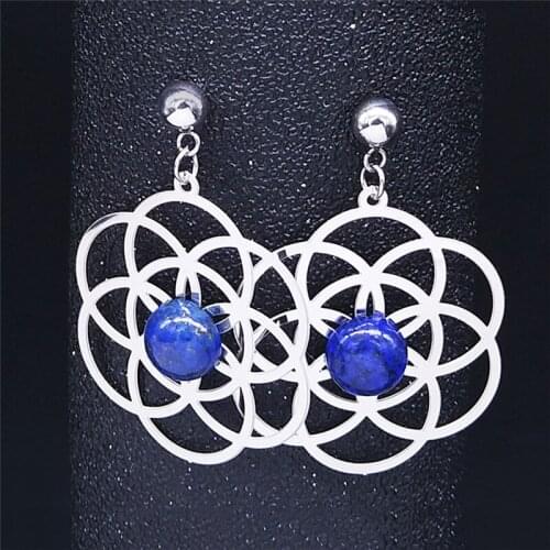 Boho Yoga Flower of Life Natural Stone Stainless Steel Earrings Women Silver Color Stud Earring Jewelry boucle d'oreille EXS04