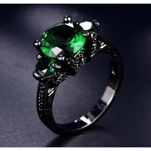 Charm Male Female Green Crystal Stone Jewelry Dainty 14KT Black Gold Wedding Rings For Women Dainty Round Zircon Engagement Ring