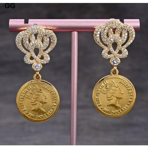 GG Jewelry Clear Cz Pave Flower Insect Gold Plated Queen Coin Dangle Stud Earrings