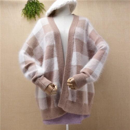 Ladies women fall winter thick warm angora rabbit hair knitted long sleeves plaid loose oversized cardigans jacket coat sweater