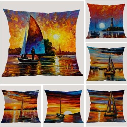 Oil Painting Style Sunset Landscape Cushion Cover Colorful Sailing Lighthouse Throw Pillow Cover Rural Decorative Pillow Case