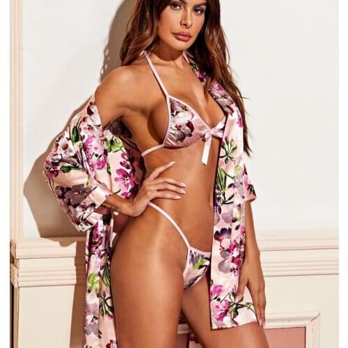 3 Pieces Flower Print Nightwear Set Women’ s Long Sleeve Night-Robe+ Bra+ T-Back Robe Gown Sets 2021 New Sexy Sleepwear Set
