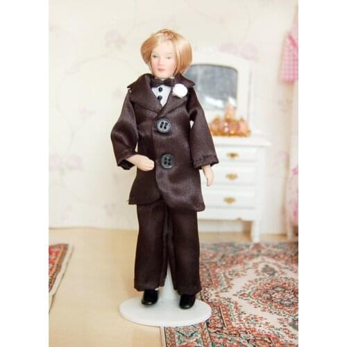 Dollhouse Miniature Porcelain Doll Brilliant Bridegroom in Black Suit for Adult Collectibles