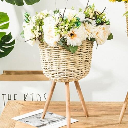 LBER Bamboo Storage Baskets Laundry Straw Patchwork Wicker Rattan Seagrass Belly Garden Flower Pot Planter Basket