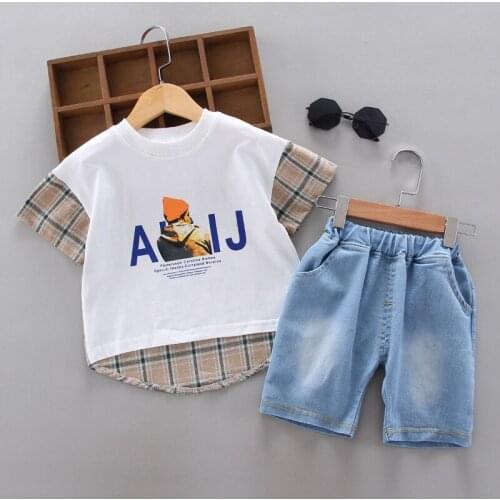 Hot Sale Fashion Kids Clothes Boys T- Shirt+ Soft Denim Shorts Clothing for Boys Print Childrens Clothing Sets O-neck Boys Sets