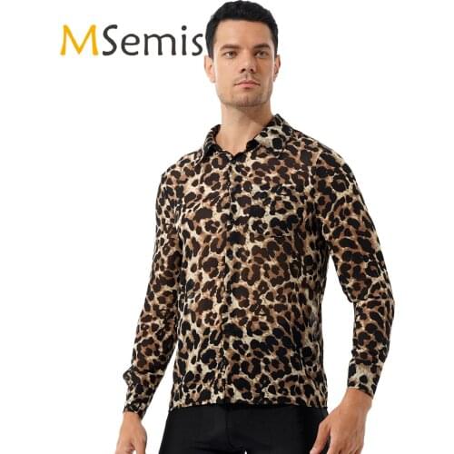 Mens Fashion Tops See-through Chiffon Leopard Print Button Shirt with Chest Pocket Turn-down Collar Long Sleeve Party Nightclub