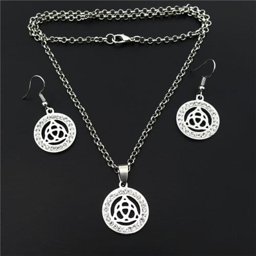 Chinese Knot Stainless Steel Jewelry Set Clay Inlaid White Rhinestone Necklace Earrings For Women Girls