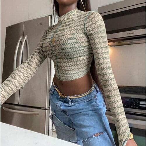 Autumn Winter New Style Streetwear T-shirt Stringy Selvedge Mesh Sheer Grid Printing Long Sleeve O-neck Fashion Basic Crop Top