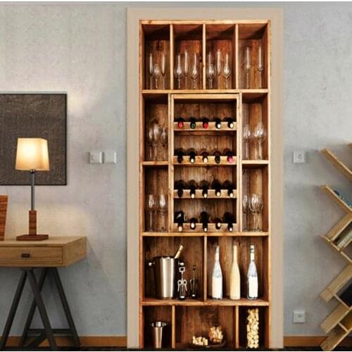 PVC Door Sticker Vintage Wood Bookshelf Bar Counter Wall Decals Mural 3D Decor Landscape Art Wallpaper On The Door Mural Decals