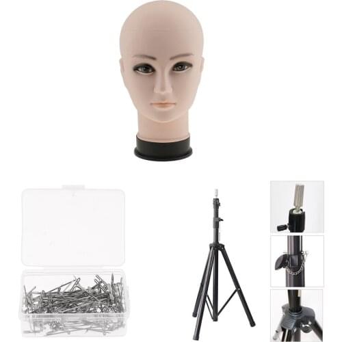 Wig Mannequin Head + Adjustable Tripod Training Manikin Stand + 100 T Pins