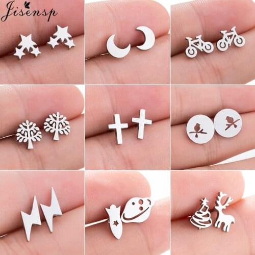 Jisensp Stainless Steel Cute Star Moon Stud Earrings for Women Girls Minimalist Birds Cross Deer Earings Jewelry New Year Gift