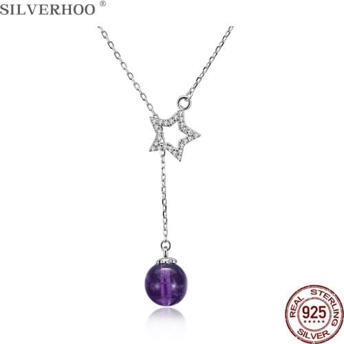 SILVERHOO Genuine Sterling Silver 925 Jewelry For Women Shining Full CZ Star & Purple Ball Double Chains Pendant Necklaces