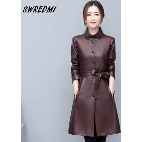 SWREDMI Spring Long Leather Coat Women Faux Leather Jackets Plus Size M-5XL Clothing Autumn Sashes Slim Fashion Suede