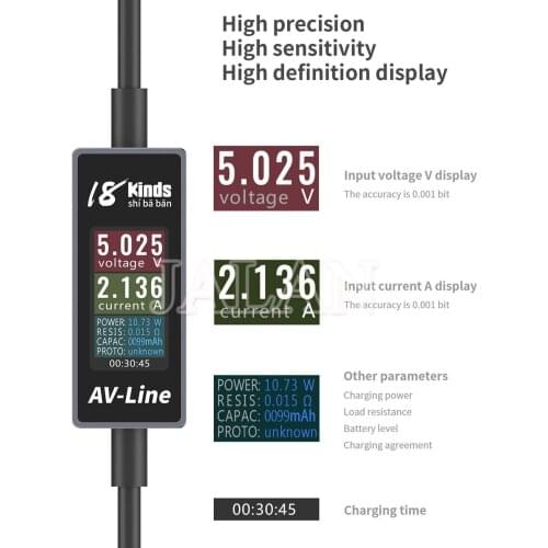 18kinds AV-Line Fast Charge Voltage Brush Tester 1.0m Current For Pad Phone Pod Type C For Android Charging Data line Dectection